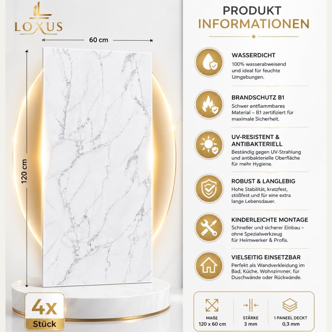 LoXus PVC Wandpaneele 120x60 cm, 4er Set – Marmoroptik, Küchenrückwand & Spritzschutz, wasserfest & hitzebeständig