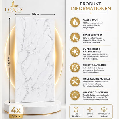 LoXus PVC Wandpaneele 120x60 cm, 4er Set – Marmoroptik, Küchenrückwand & Spritzschutz, wasserfest & hitzebeständig