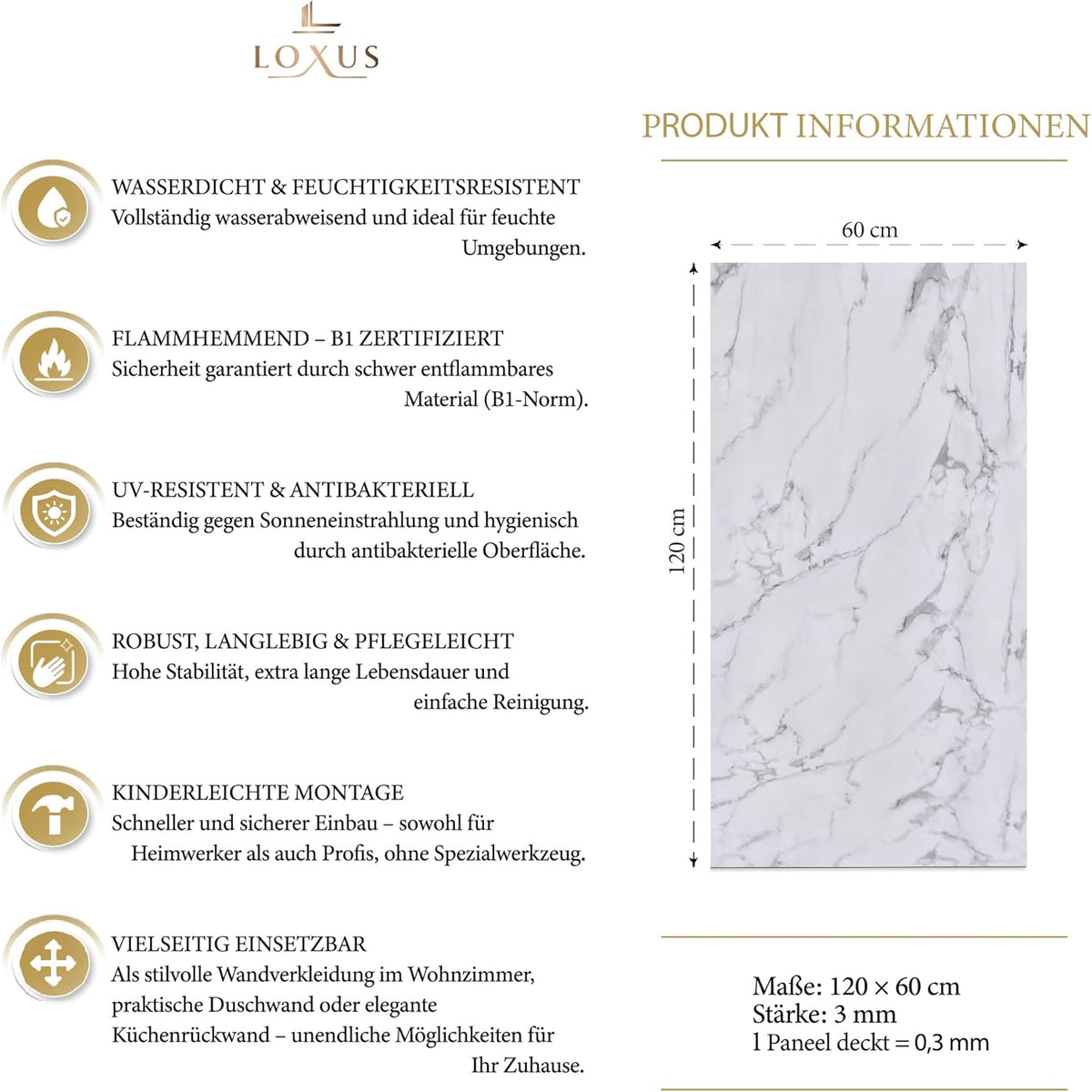 LoXus PVC Wandpaneel 120x60 cm–Marmoroptik,Küchenrückwand & Spritzschutz, wasserfest & hitzebeständig, 1 Panel