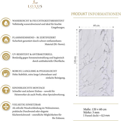 LoXus PVC Wandpaneel 120x60 cm–Marmoroptik,Küchenrückwand & Spritzschutz, wasserfest & hitzebeständig, 1 Panel