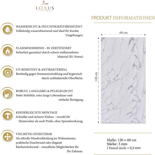 LoXus PVC Wandpaneel 120x60 cm–Marmoroptik,Küchenrückwand & Spritzschutz, wasserfest & hitzebeständig, 1 Panel