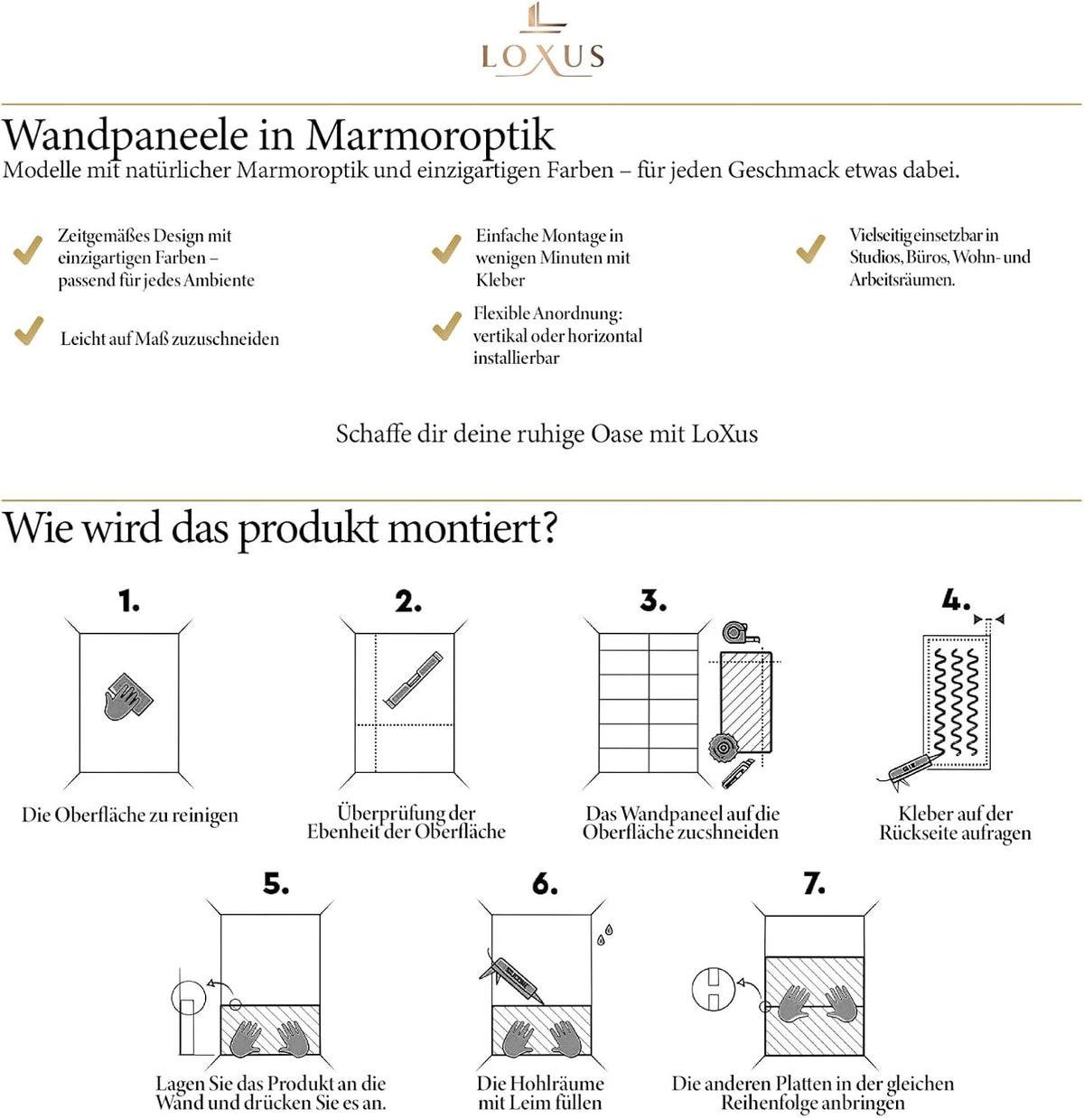 LoXus PVC Wandpaneel 120x60 cm–Marmoroptik,Küchenrückwand & Spritzschutz, wasserfest & hitzebeständig, 1 Panel