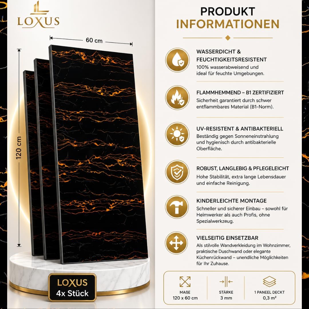 LoXus PVC Wandpaneele 120x60 cm, 4er Set – Marmoroptik, Küchenrückwand & Spritzschutz, wasserfest & hitzebeständig