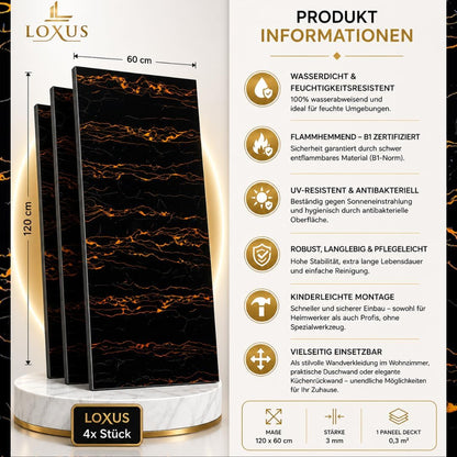 LoXus PVC Wandpaneele 120x60 cm, 4er Set – Marmoroptik, Küchenrückwand & Spritzschutz, wasserfest & hitzebeständig