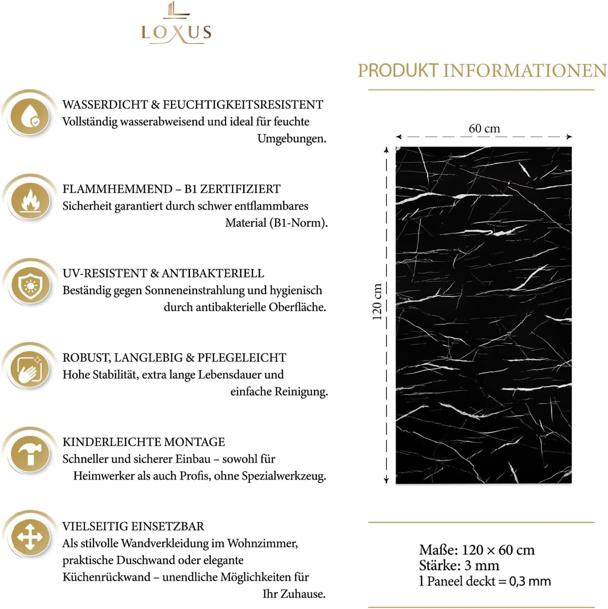 LoXus PVC Wandpaneele 120x60 cm, 4er Set – Marmoroptik, Küchenrückwand & Spritzschutz, wasserfest & hitzebeständig