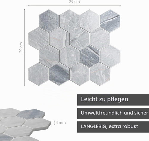 LoXus Mosaikfliesen Sechseck 29x25 cm, 10er Set – Selbstklebende 3D Fliesenaufkleber in Steinoptik, wasserfest für Küche, Bad & Spritzschutz