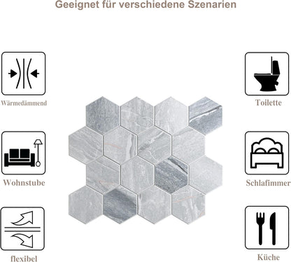 LoXus Mosaikfliesen Sechseck 29x25 cm, 10er Set – Selbstklebende 3D Fliesenaufkleber in Steinoptik, wasserfest für Küche, Bad & Spritzschutz
