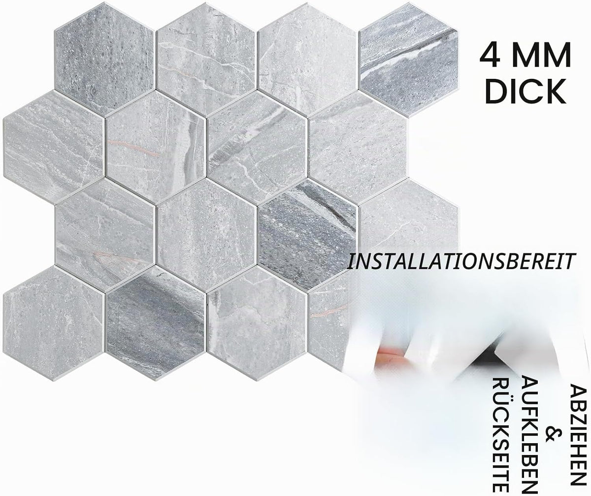 LoXus Mosaikfliesen Sechseck 29x25 cm, 10er Set – Selbstklebende 3D Fliesenaufkleber in Steinoptik, wasserfest für Küche, Bad & Spritzschutz