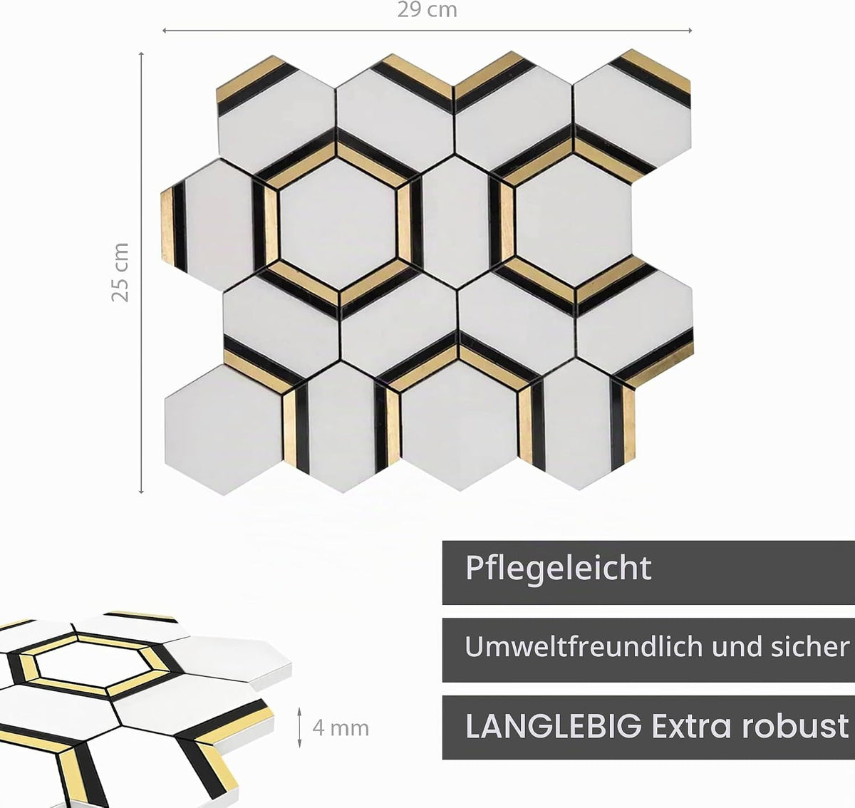 LoXus Mosaikfliesen Sechseck 29x25 cm, 10er Set–Selbstklebende 3D Fliesenaufkleber in Steinoptik, wasserfest für Küche, Bad & Spritzschutz