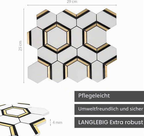 LoXus Mosaikfliesen Sechseck 29x25 cm, 10er Set–Selbstklebende 3D Fliesenaufkleber in Steinoptik, wasserfest für Küche, Bad & Spritzschutz