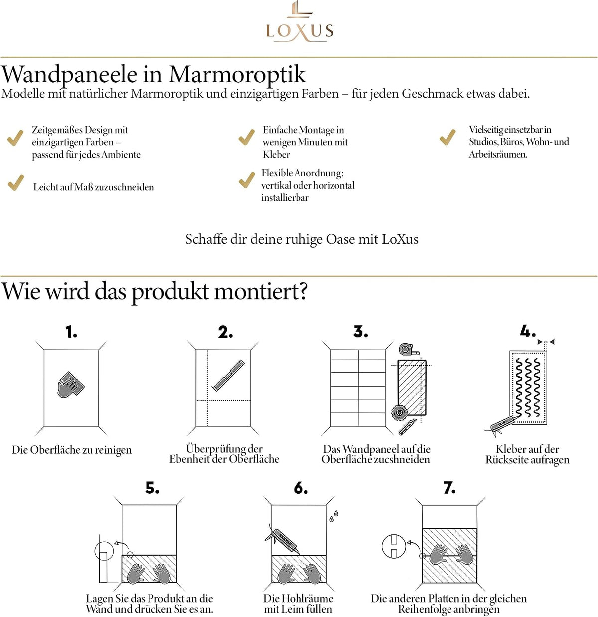 LoXus PVC Wandpaneele 120x60 cm, 4er Set – Marmoroptik, Küchenrückwand & Spritzschutz, wasserfest & hitzebeständig