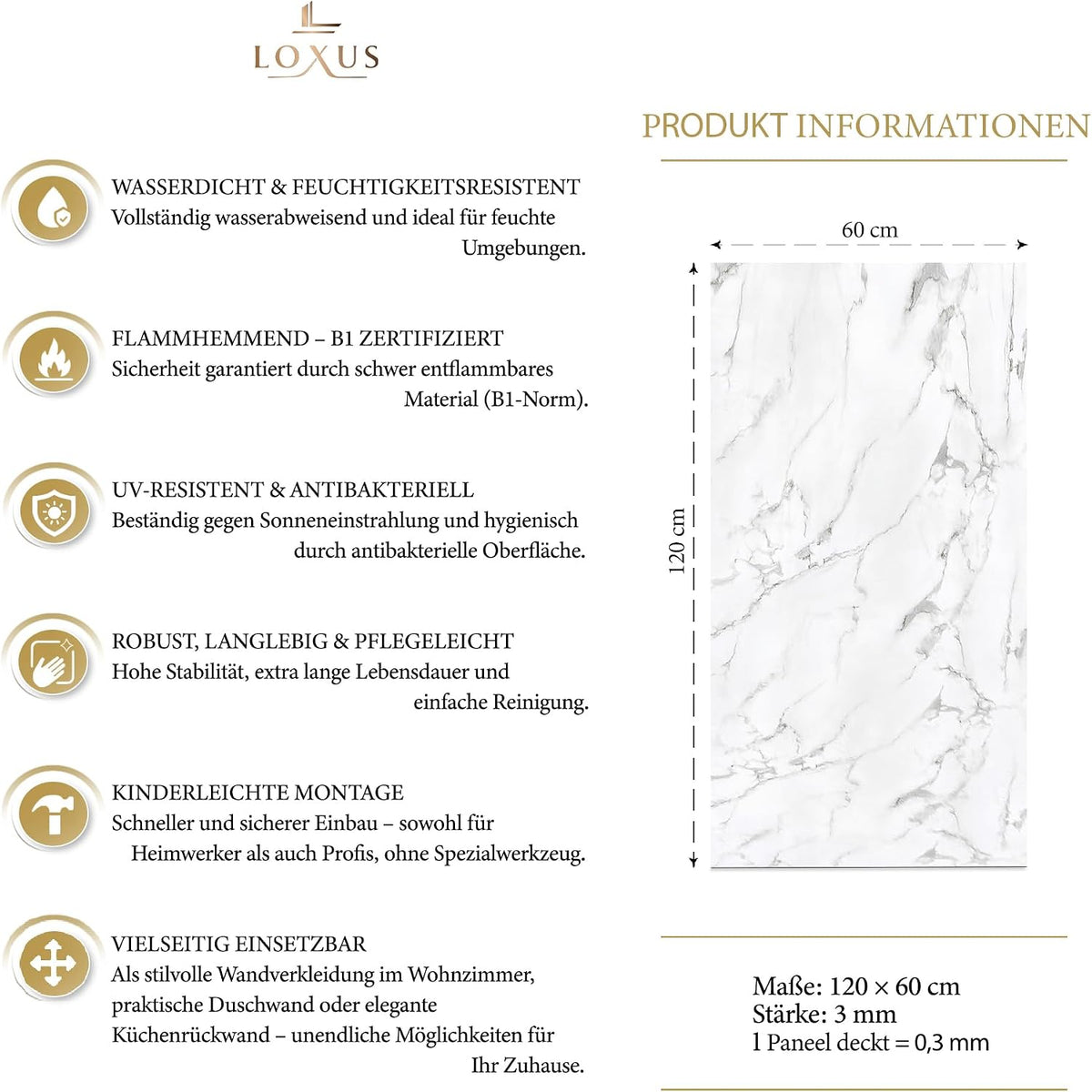 LoXus PVC Wandpaneel 120x60 cm–Marmoroptik,Küchenrückwand & Spritzschutz, wasserfest & hitzebeständig, 1 Panel