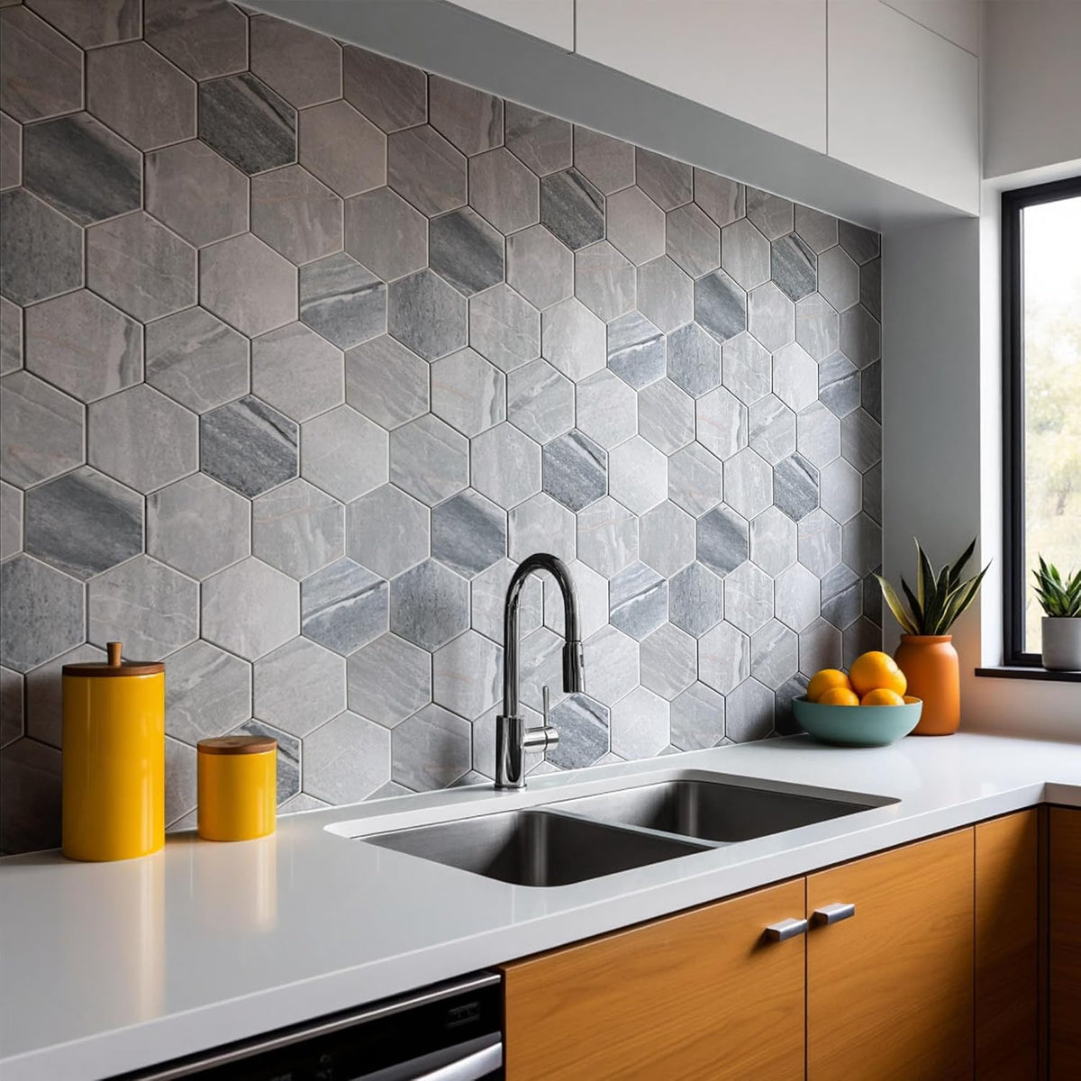 LoXus Mosaikfliesen Sechseck 29x25 cm, 10er Set – Selbstklebende 3D Fliesenaufkleber in Steinoptik, wasserfest für Küche, Bad & Spritzschutz