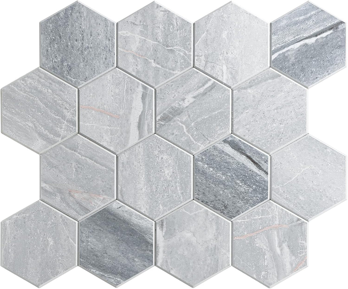 LoXus Mosaikfliesen Sechseck 29x25 cm, 10er Set – Selbstklebende 3D Fliesenaufkleber in Steinoptik, wasserfest für Küche, Bad & Spritzschutz